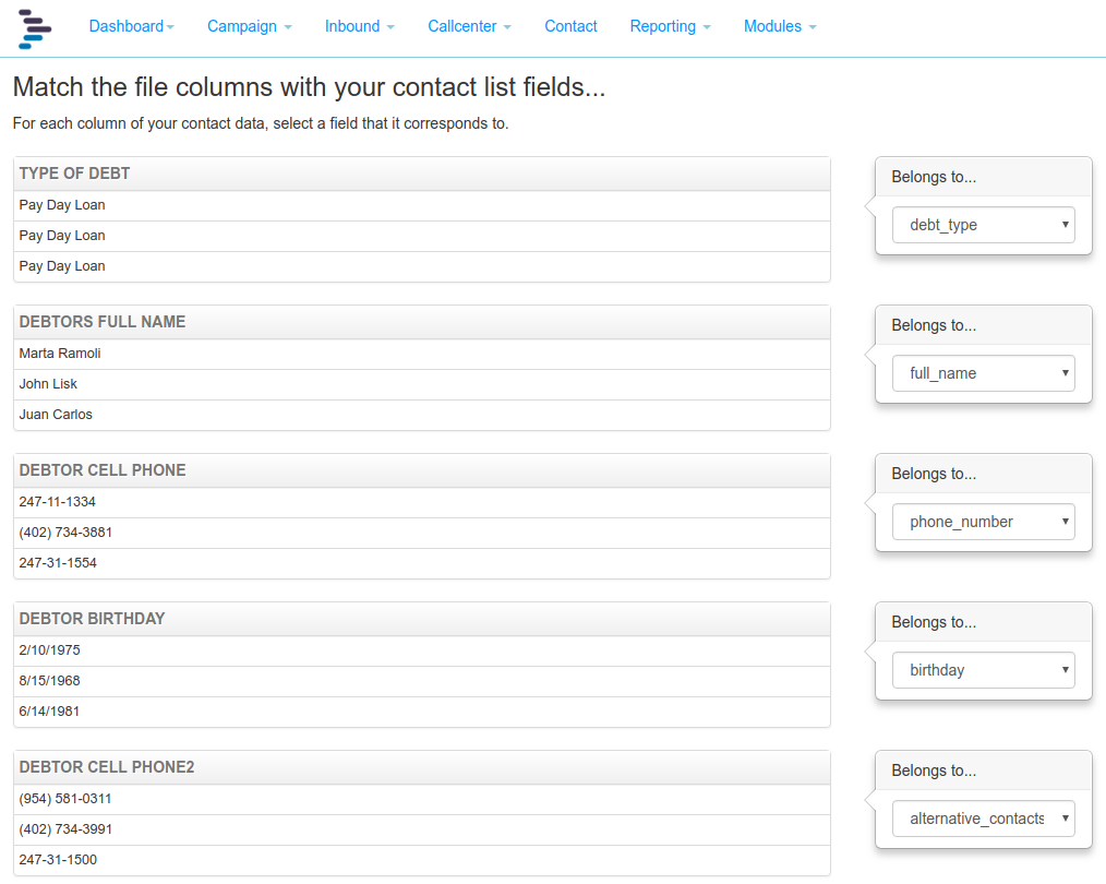 Debt Recovery Import Contact Screen